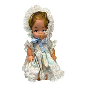 Vintage Baby Girl Doll 6 Inch Vinyl Blond Hair Bonnet Lace Dress Collectible
